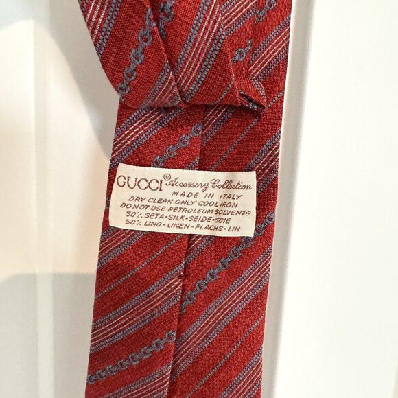 GUCCU Silk Linen Red Blue Stripe Horsebit Men's Tie Necktie Vintage GG Logo - Picture 5 of 6